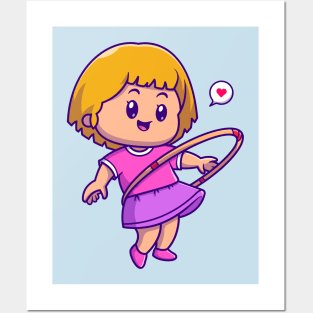 Cute Girl Playing Hula Hoop Cartoon Posters and Art